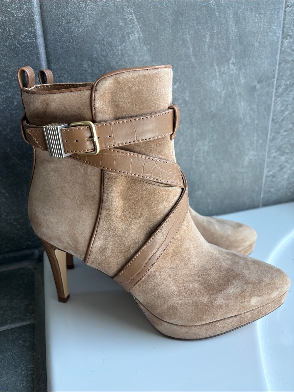 White House Black Market Tan Suede Heeled Ankle Boots with Buckle Strap